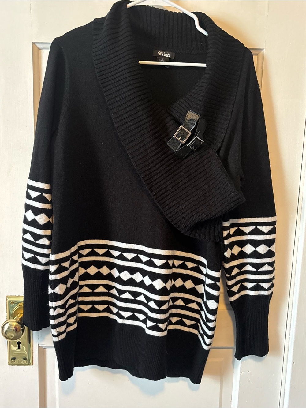 Deb Black and White Geometric Shawl Collar Buckle Sweater